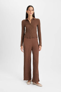 Женская приталенная футболка с длинными рукавами и узким вырезом поло - Defacto фото 2