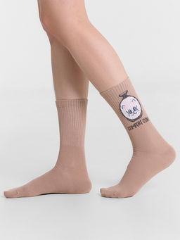 Цена за 5 пар! Носки женские высокие бежевые с надписью Comfort zone