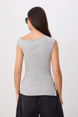 Gri Melanj Fitted/Vucuda Oturan Asimetrik Yaka Kolsuz Yumusak Orme Bluz TWOSS26BZ00793