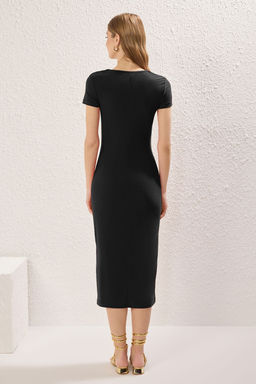 Siyah Kare Yaka Bodycone/Vucuda Oturan Esnek Midi Orme Elbise TWOSS25EL00691 - Trendyolmilla фото 6