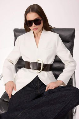 Beyaz Kemerli Dokuma Blazer Ceket TWOSS26BC00047