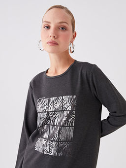 Bisiklet Yaka Bask?l? Uzun Kollu Kad?n Tunik