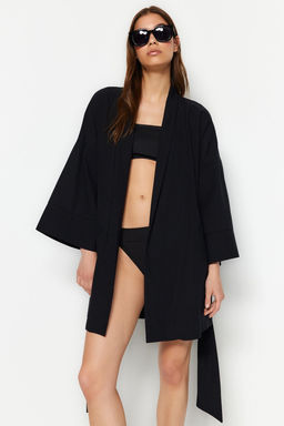 Siyah Kusakl? Mini Dokuma Flaml? Pamuk Plaj Kimono&Kaftan TBESS23KM00080
