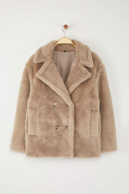 Vizon Kurklu Kruvaze Oversize K?sa Pelus Kaban TWOAW26KB00021 - Trendyolmilla фото 6