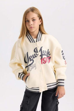 Бомбер с воротником колледжа и принтом для девочек, толстый свитшот из ткани, мягкий пушистый кардиган - Defacto фото 4