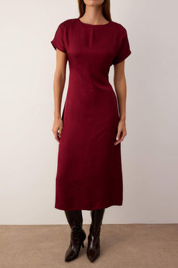 Bordo Duz Jakarl? Midi Dokuma Elbisesi TWOAW26EL00311