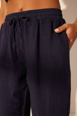 Lacivert %100 Keten Beli Lastikli Yuksek Bel Wide Leg Pantolon TWOSS24JE00249 - Trendyolmilla фото 5