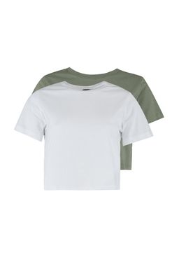Haki-Beyaz 2li Paket %100 Pamuk Crop Bisiklet Yaka Orme T-Shirt TWOSS20TS1480