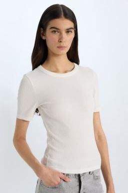 Slim Fit Dar Kesim Bisiklet Yaka Basic Duz Fitilli Kaskorse K?sa Kollu Tisort