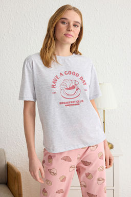 Trendyolmilla Gri Melanj %100 Pamuklu Slogan Bask?l? Orme Pijama Tak?m? THMSS25PT00162  фото 2
