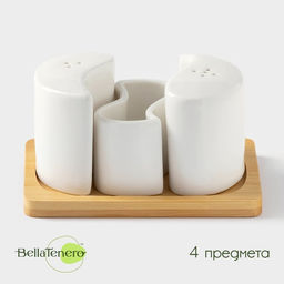 Набор керамический для специй на деревянной подставке BellaTenero, 3 предмета: солонка 70 мл, перечница 70 мл, салфетница, белый