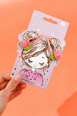 Набор заколок для волос клик-клак, глянцевые, арт. 71734 / 10 ЦВЕТОЧКИ (в наборе: 2шт., 5,3 см, черный металл, полиэфирная смола, цвет: коралловый, подложка из мелованного картона + ПЭТ-пакет с европодвесом)