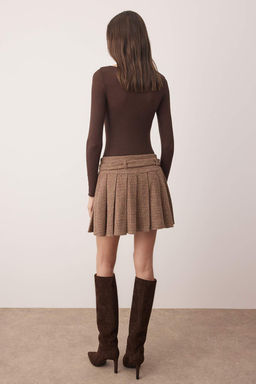Kahverengi Ekose/Kareli Piliseli Mini Etek TWOAW26ET00014 - Trendyolmilla фото 4