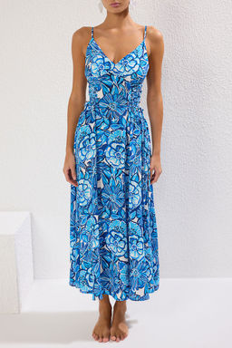 Cicek Desenli Dokuma Baglama Detayl? Maxi Plaj Elbise TBESS24EL00098