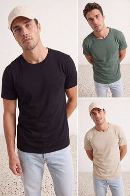 Unisex Siyah-Ta_-Koyu Ye_il Slim/Dar Bisiklet Yaka Basic %100 Pamuk 3l_ Paket T-Shirt TMNSS19BO0007