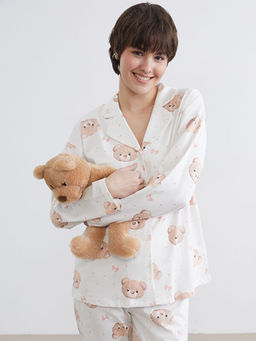 G?mlek Yaka Ay?c?k Bask?l? Kad?n Pijama Tak?m