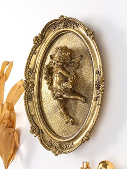 Панно интерьерное полистоун "Ангел с венком из роз" золото 21,5х4х27 см