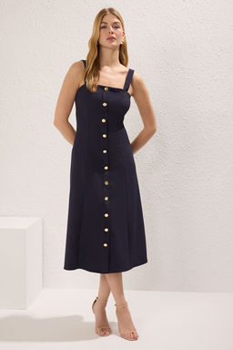 TRENDYOLMILLA Lacivert Duz A Kesim Dugme Detayl? Midi Dokuma Elbise TWOSS25EL00287