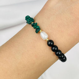 Браслет из черного Турмалина "Шерл",Малахита и Жемчуга 18 см +
