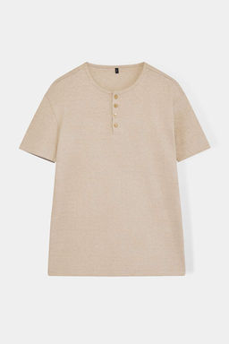 Bej Regular/Normal Kesim Dugmeli Dokulu Kaskorse T-Shirt TMNSS26TS00036