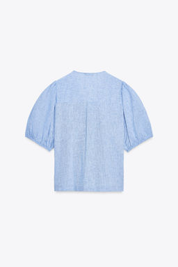 LINEN BLEND TIE BLOUSE