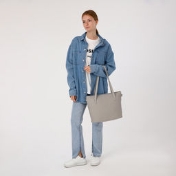 Сумка - шоппер женская на молнии, 43×13×30 см, однотонная, серая