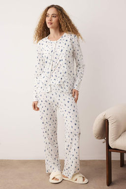 Siyah-Beyaz Bask?l? Kaskorse Orme Pijama Tak?m? THMAW26PT00179