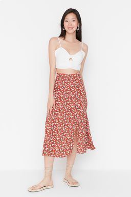 Kiremit Y?rtmac Detayl? Cicek Desenli Viskon Kumasl? Midi Boy Dokuma Etek TWOSS20ET0230