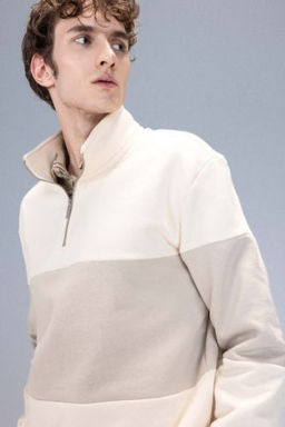 Comfort Regular Fit Rahat Kal?p Dik Yaka Fermuarl? Cizgili Kal?n Sweatshirt