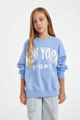 K?z Cocuk Oversize Genis Kal?p Bisiklet Yaka Bask?l? Sweatshirt