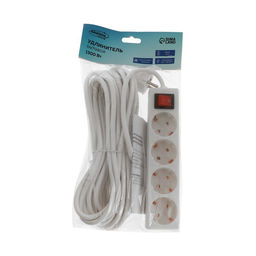 Удлинитель Luazon Lighting, 4 розетки, 10 м, 10 А, 2200 Вт, 3х0.75 мм2, с заземлением, с выключателем, белый