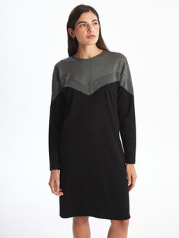 Bisiklet Yaka Renk Bloklu Elbise