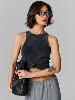 Топ женский черный с обработкой эйсид в рубчик - Mark formelle фото 2