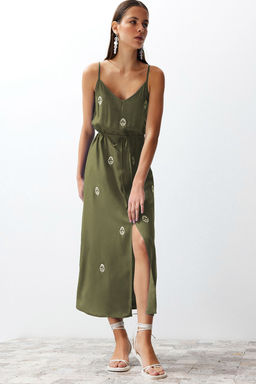 TRENDYOLMILLA Indigo A-Kesim Nak?sl? V Yaka Midi Dokuma Elbise TWOSS23EL01431  фото 3