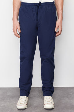 Lacivert Relaxed Fit Lastikli Beli Baglamal? Yazl?k %100 Pamuk Yumusak Keten Pantolon TMNSS24PL00002