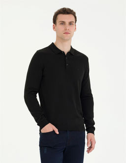 Siyah Slim Fit Polo Yaka Basic Triko Kazak
