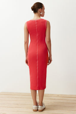 Nar Cicegi Fitted/Vucuda Oturan Karyoka Dikis Detayl? Fitilli Esnek Orme Midi Elbise TWOSS24EL00884 - Trendyolmilla фото 6