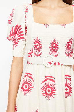 Pembe Desenli Kare Yaka Keten Gorunumlu Kemerli Midi Dokuma Elbise TWOSS24EL00779 - Trendyolmilla фото 5