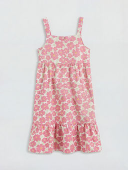 Kare Yaka ?i?ekli K?z ?ocuk Poplin Elbise