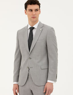 Gri Extra Slim Fit %100 Y_n _izgili Tak_m Elbise