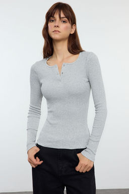 Gri Melanj C?tc?tl? Fitted/Vucuda Oturan Fitilli Esnek Orme Bluz TWOAW25BZ00080