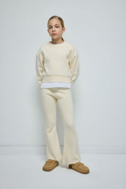 K?z Cocuk Flare Fit Ispanyol Paca Basic Duz Triko Pantolon