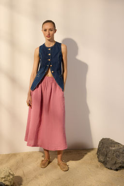 TRENDYOLMILLA Beyaz %100 Keten Beli Lastikli Midi Etek TWOSS24ET00153 фото 2