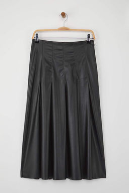 Siyah Suni Deri Pileli Midi Dokuma Etek TWOAW26ET00029 - Trendyolmilla фото 5