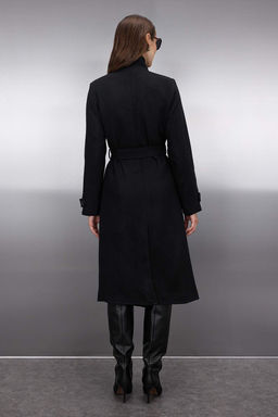 Siyah Dik Yaka Diagonel Kruvaze Regular Uzun Kase Kaban TWOAW26KB00048 - Trendyolmilla фото 2