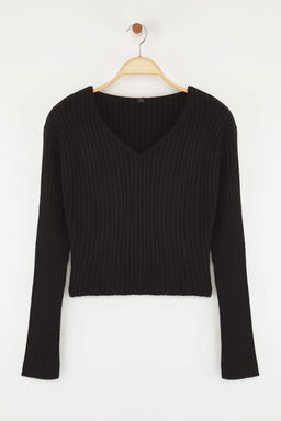 Siyah Crop Basic V Yaka Triko Kazak TWOAW24KZ01214