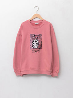 Bisiklet Yaka Bask?l? ?ift Y?nl? Payetli Uzun Kollu K?z ?ocuk Sweatshirt - Waikiki фото 2