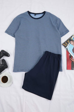 Lacivert Regular Fit Cizgili Pamuklu Pijama Tak?m? TMNSS26PT00015