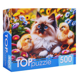 Пазлы 500 TOPpuzzle "Котенок и цыплята"