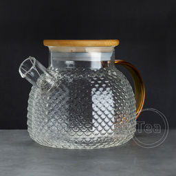 Чайник, стекло 900 мл, желтая ручка, крышка бамбук - Fujian Province Guang Fu Tea фото 3